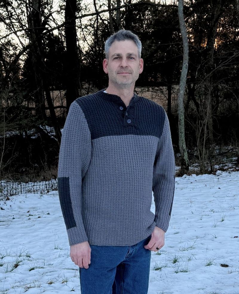 Men's Commando Henley Pullover free crochet pattern by Amanda Saladin, Love Life Yarn